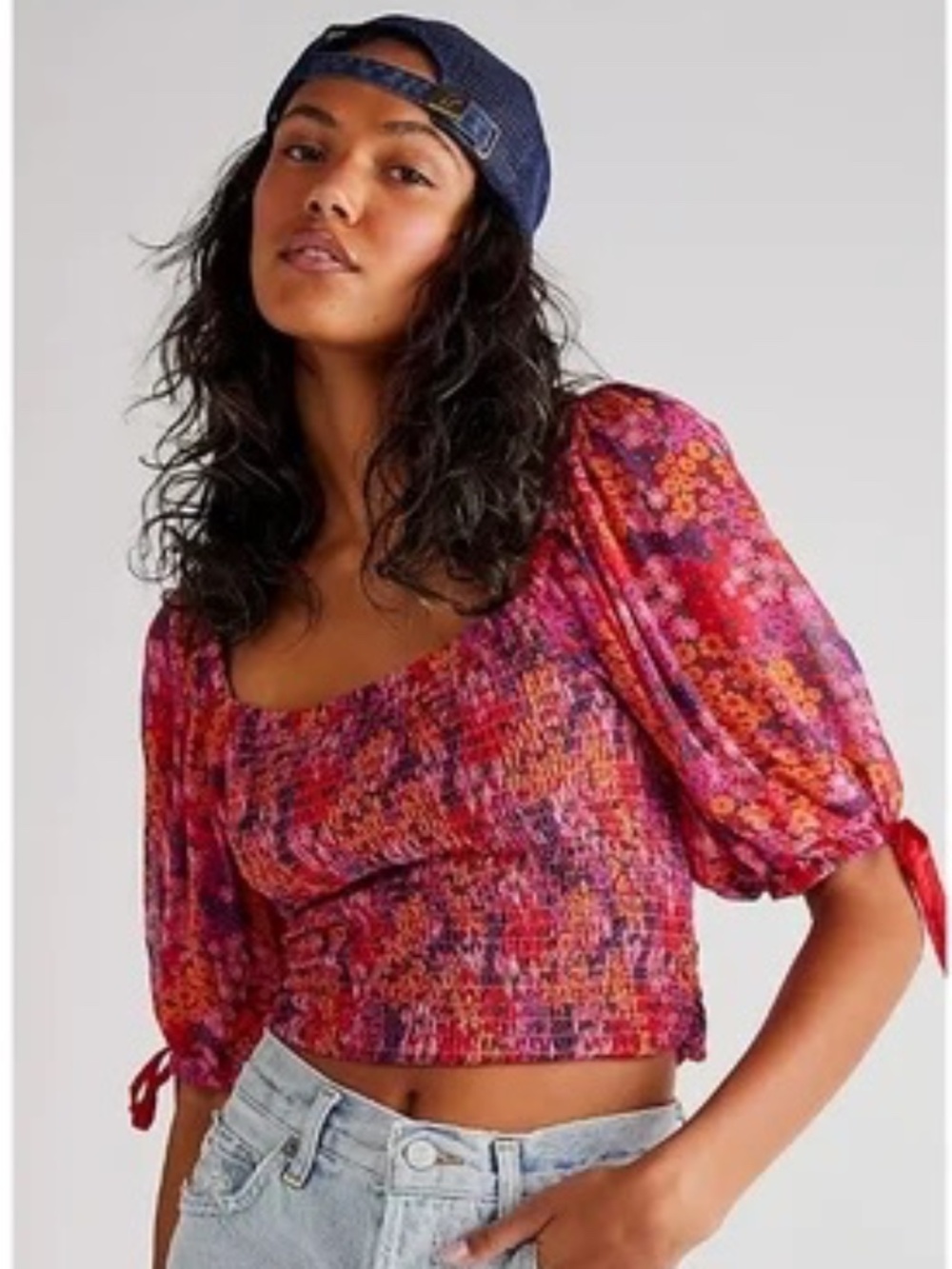 Free People Floral Top with puff sleeves